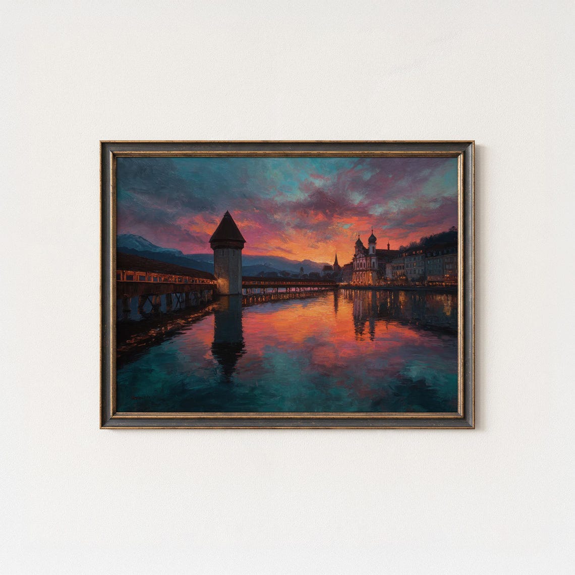 Lucerne Chapel Bridge Sunset Reflection Painting Poster Swiss
