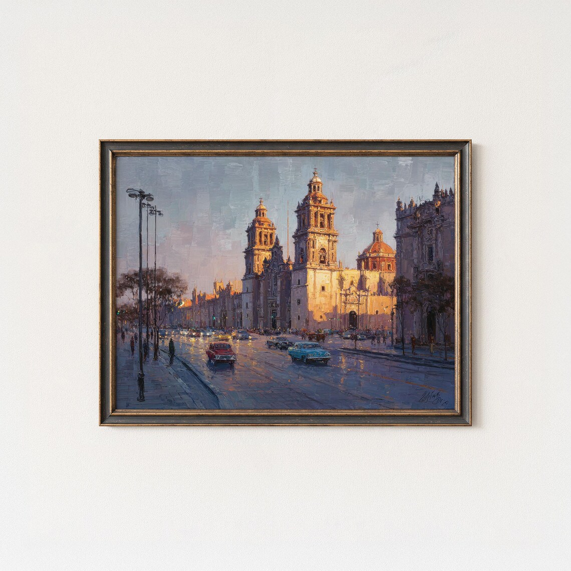 Mexico City Cathedral Sunset Street Vintage Cars Oil Paint Poster
