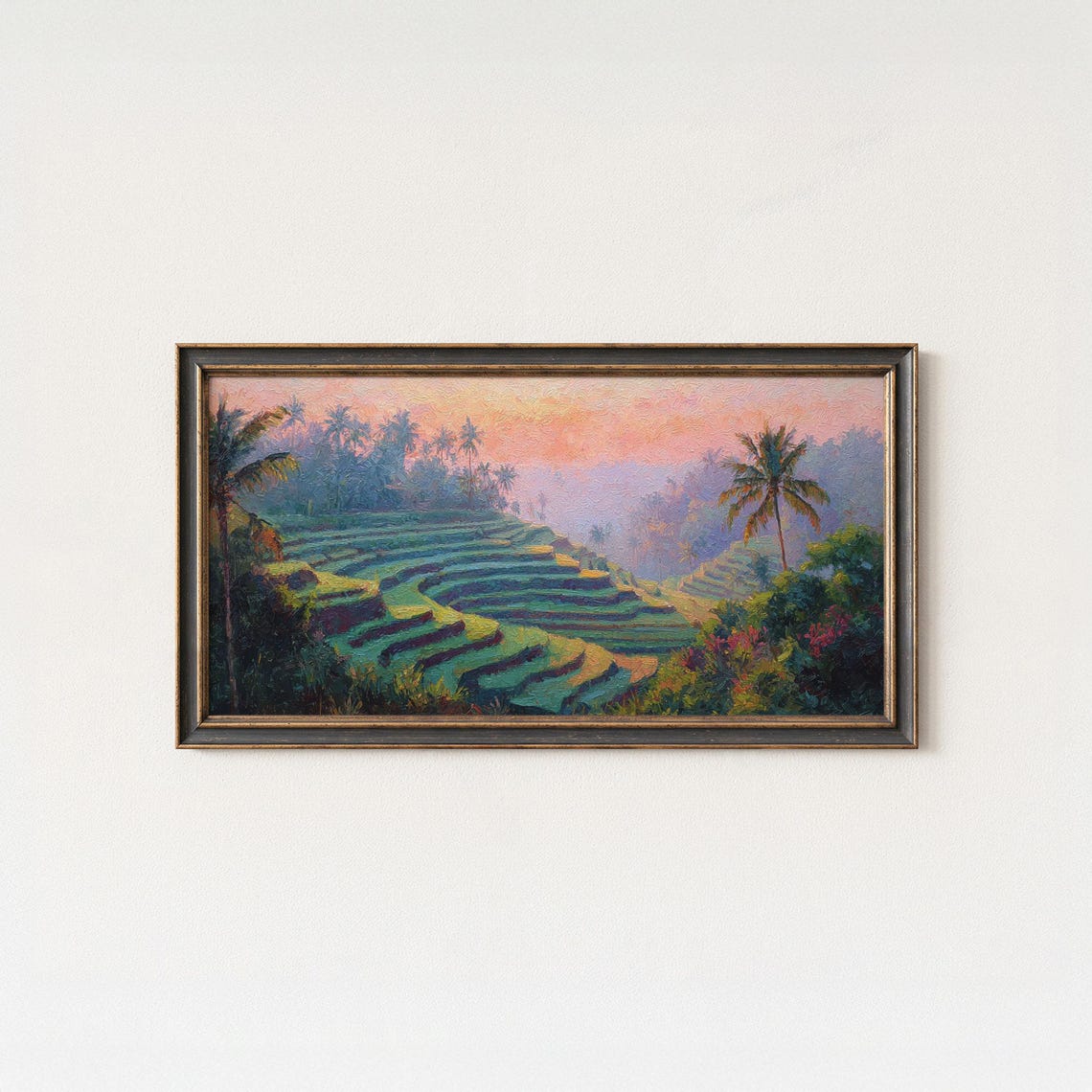 Bali Rice Terraces Pink Sunset Painting Tropical Palm Art Poster
