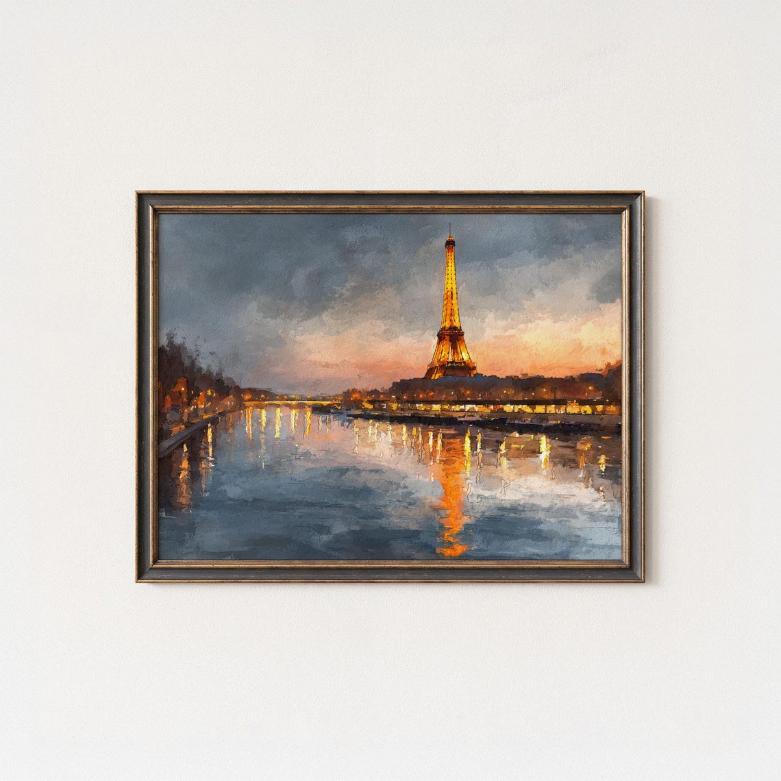 Eiffel Tower Golden Sunset Seine Water Reflection Oil Art Poster