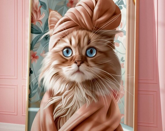 Fluffy Cream Cat Wearing a Spa Towel Wrap in a Cute Bathroom Poster