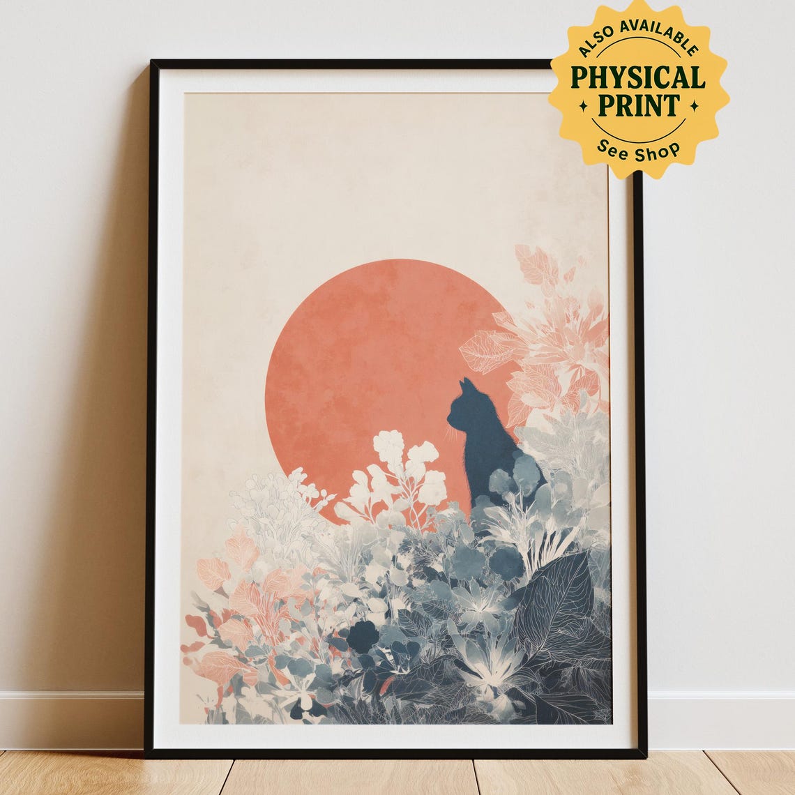 Japandi Cat Poster Minimalist Zen Wall Art With Red Sun