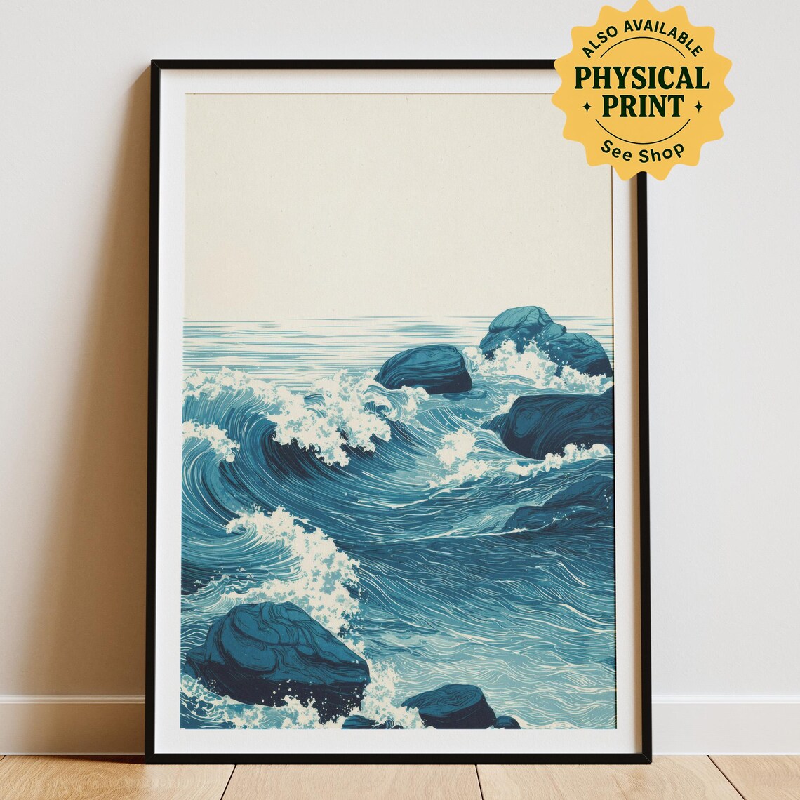 Blue Ocean Waves Rocky Shore Minimalist Coastal Seascape Print