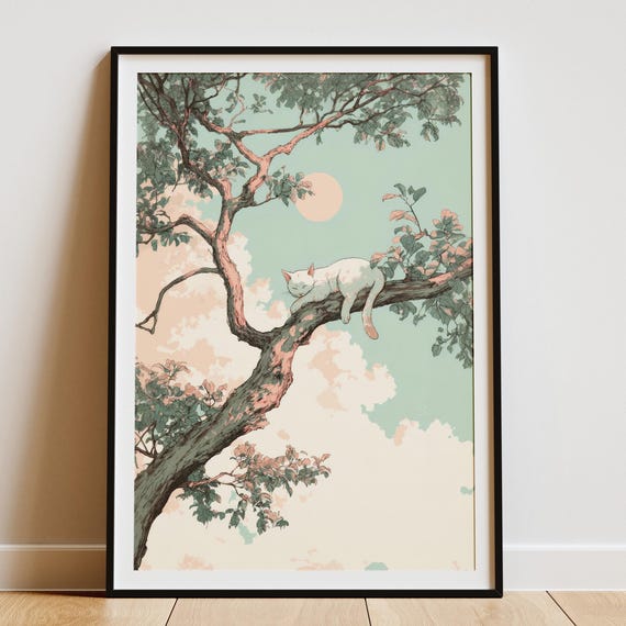 Japandi Cat Print, Minimalist Zen Decor