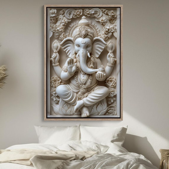 White Ganesha Statue 3d Illusion Print Spiritual Hindu Wall Art Framed Indian Decor For Living Room Or Meditation Space