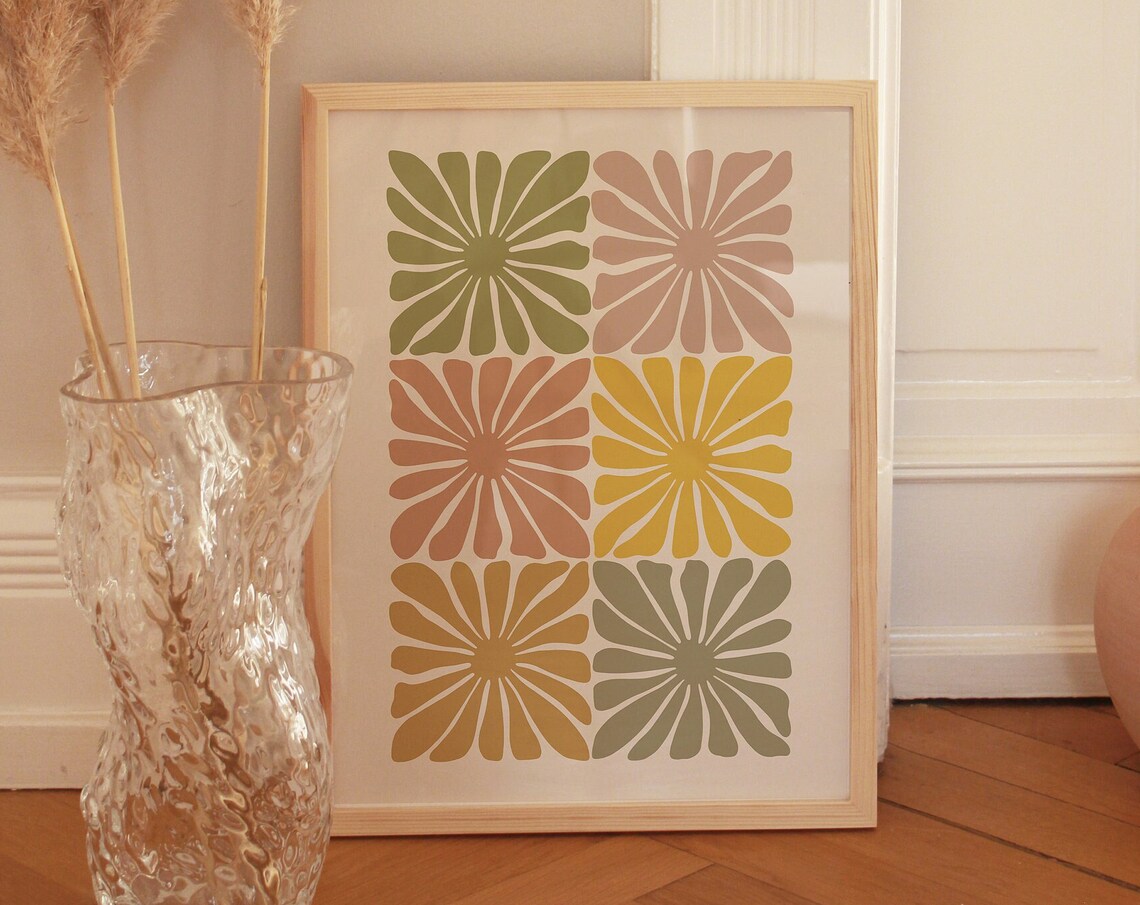 Vintage Botanical Poster with Six Earth Tone Flowers in Grid Layout