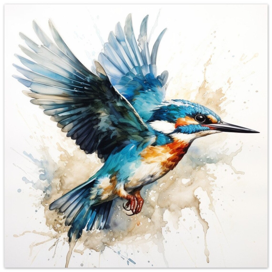 Vibrant Kingfisher in Flight Watercolour Electric Blue Bird Art Poster