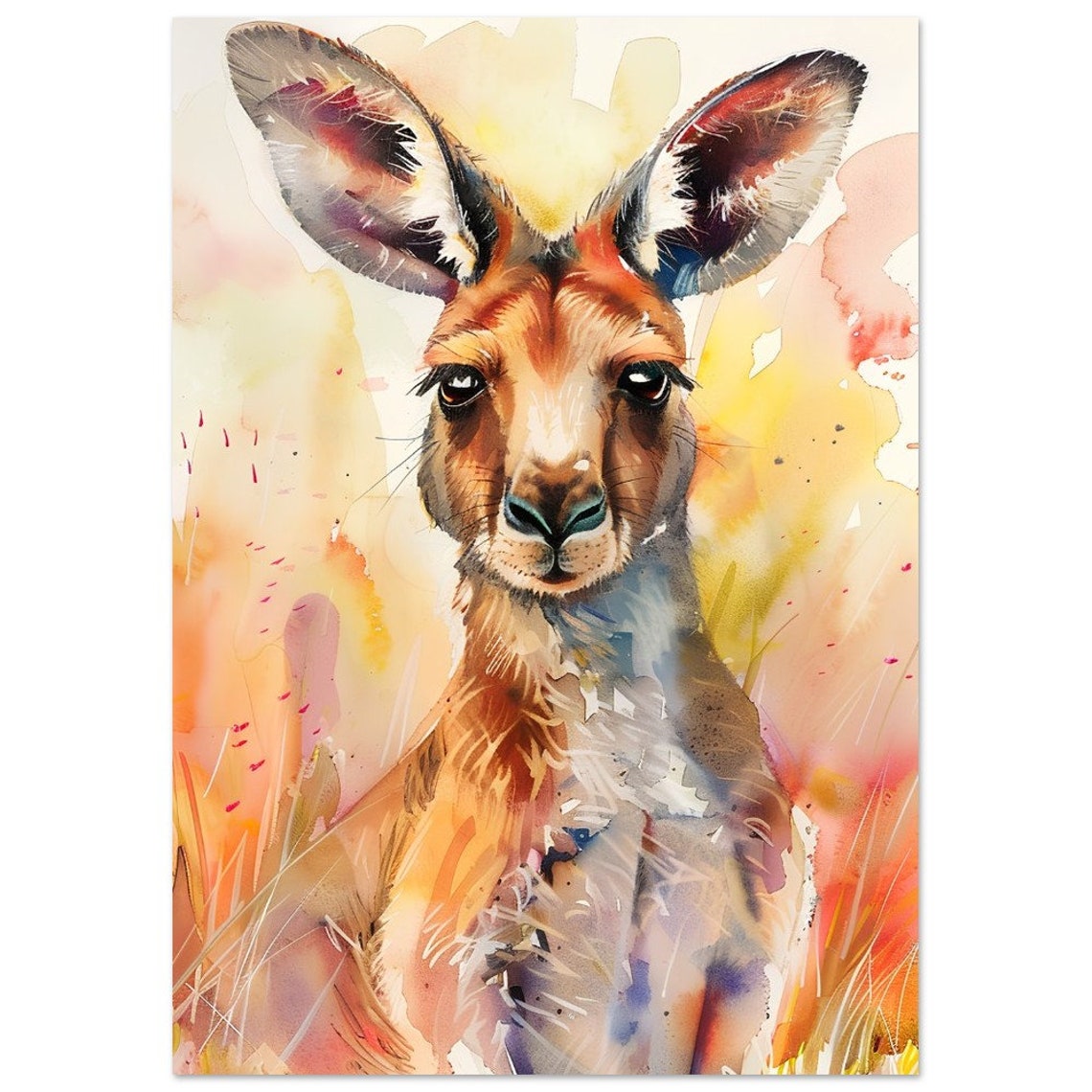 Kangaroo Portrait Watercolour Painting Warm Sunset Tones Art Poster