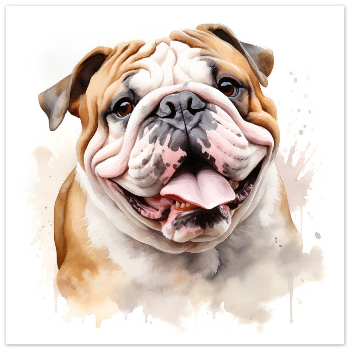 English Bulldog Smiling With Tongue Out Watercolour Portrait Poster