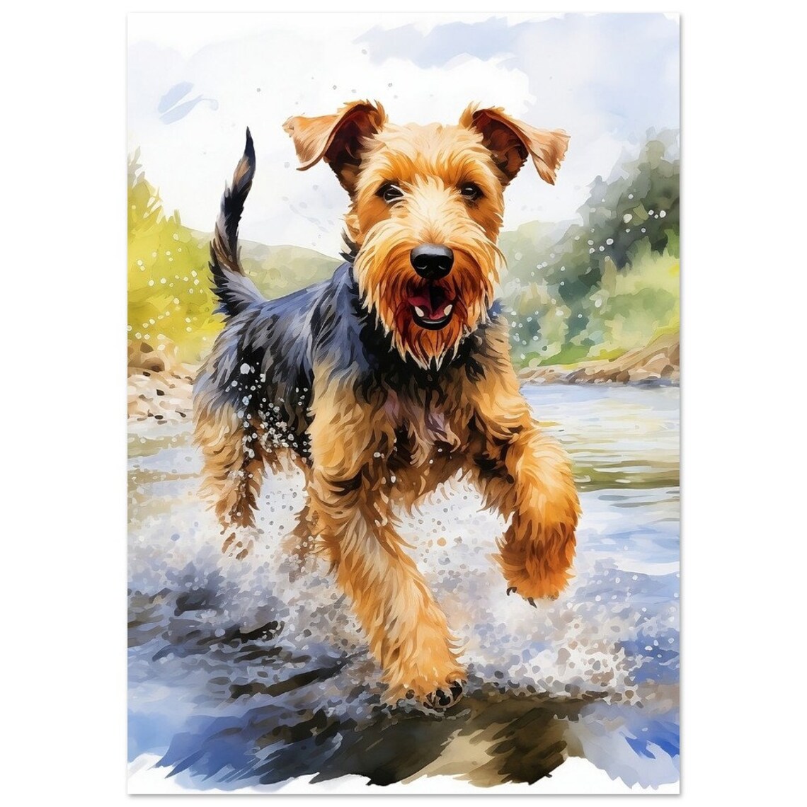 Welsh Terrier Playing River Watercolour Splashing Dog Art Poster