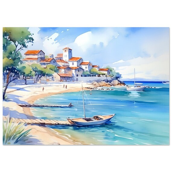 Sunny Seaside Town Harbour Boats Watercolour Coastal Holiday Poster