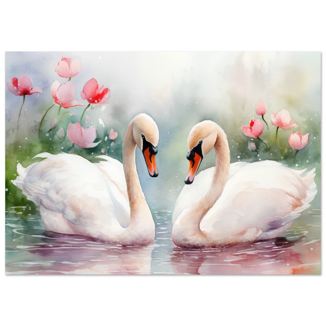 Romantic Pair of Swans Lake Watercolour Pink Flowers Art Poster