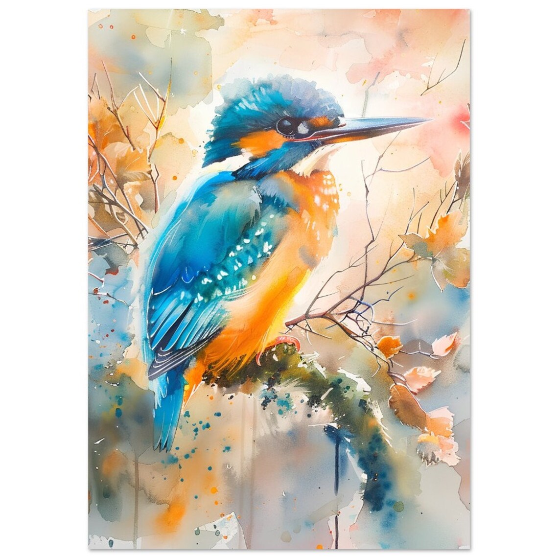Colourful Kingfisher Autumn Branch Watercolour Warm Bird Art Poster - Image 3