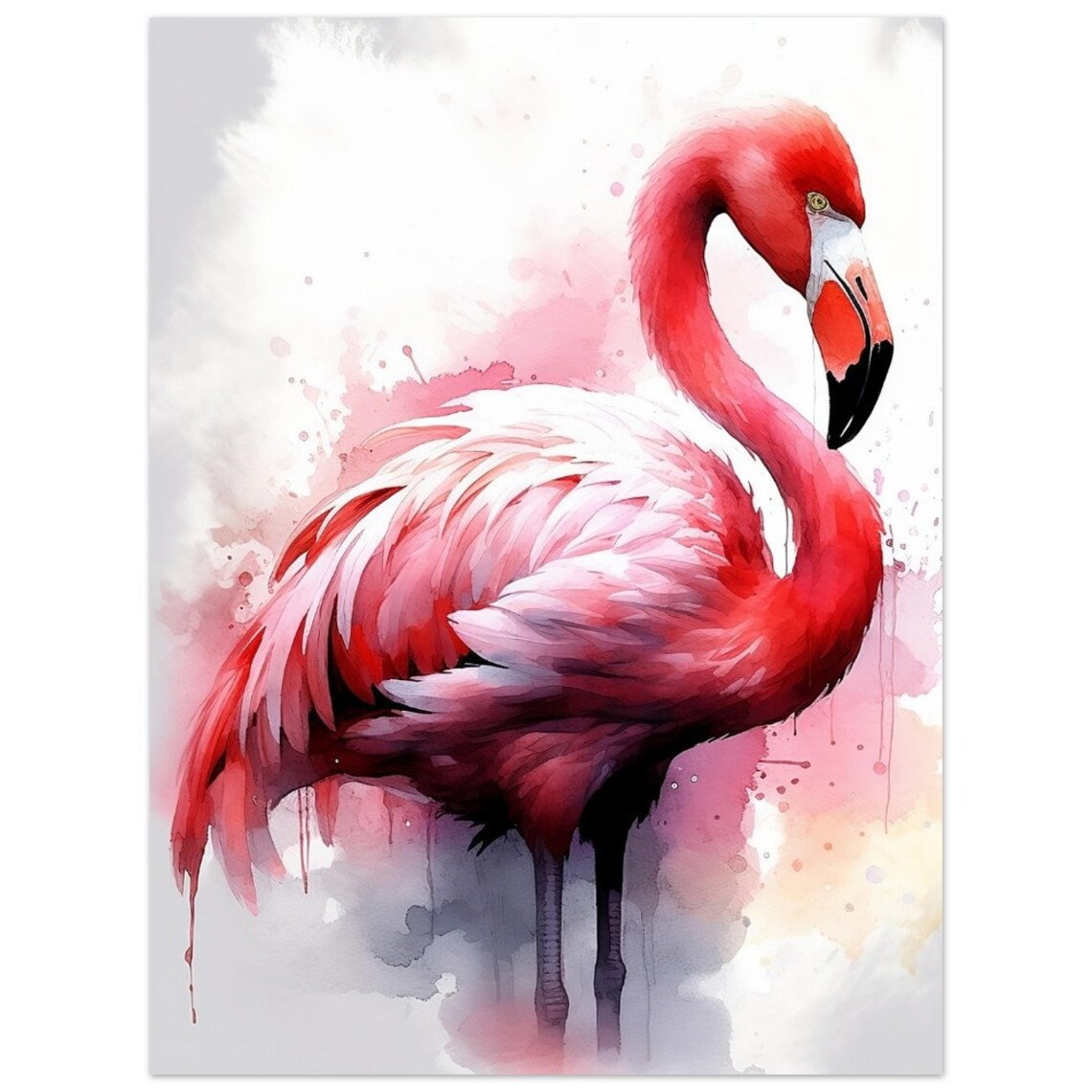 Pink Flamingo Standing Tall Watercolour Tropical Bird Portrait Poster