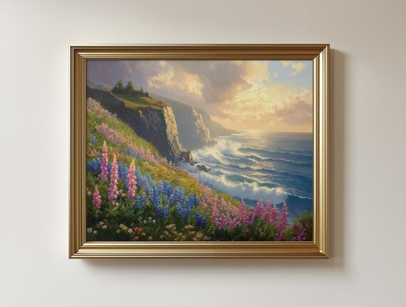 Coastal Bluff Painting, Summer Beach Landscape