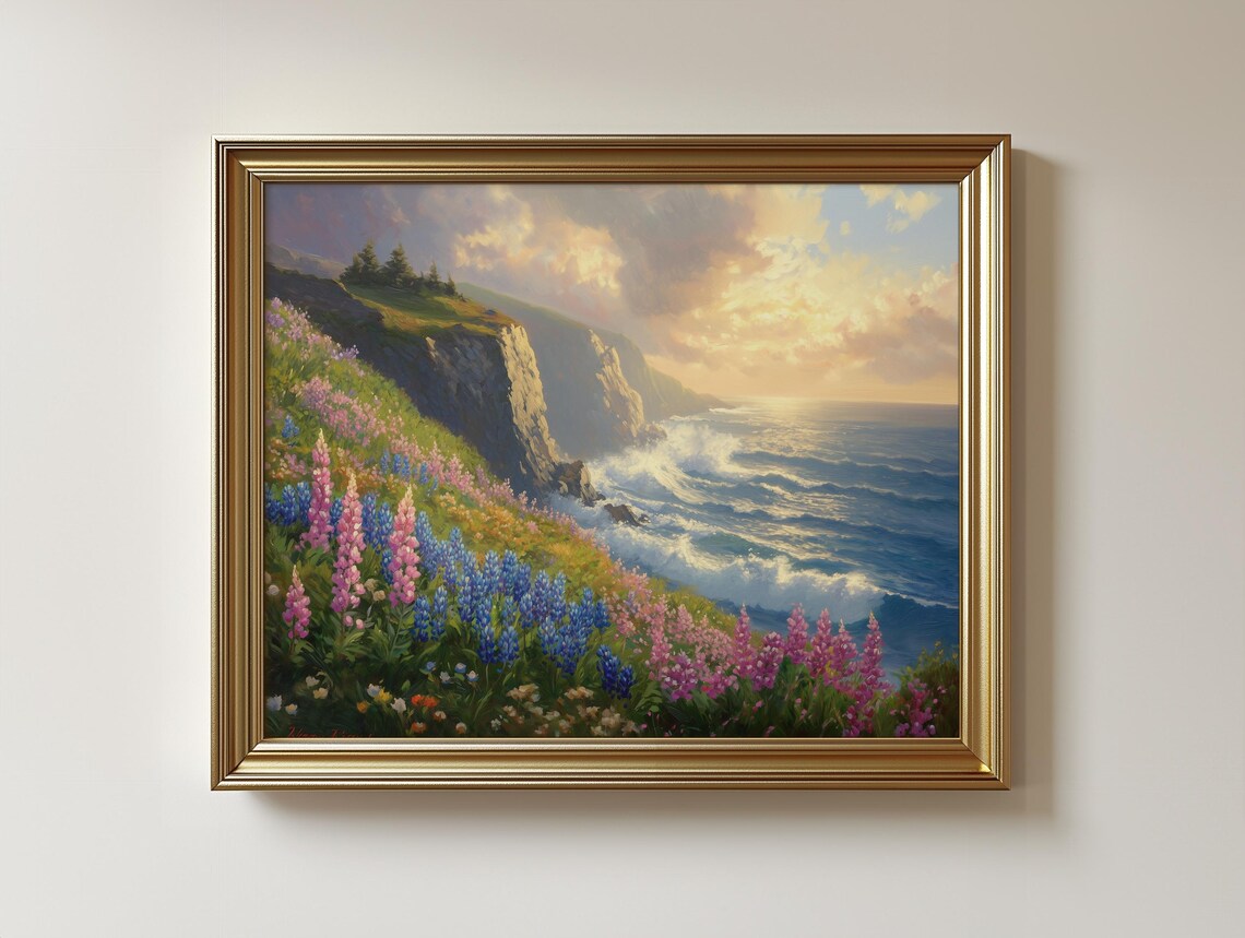 Coastal Bluff Painting, Summer Beach Landscape