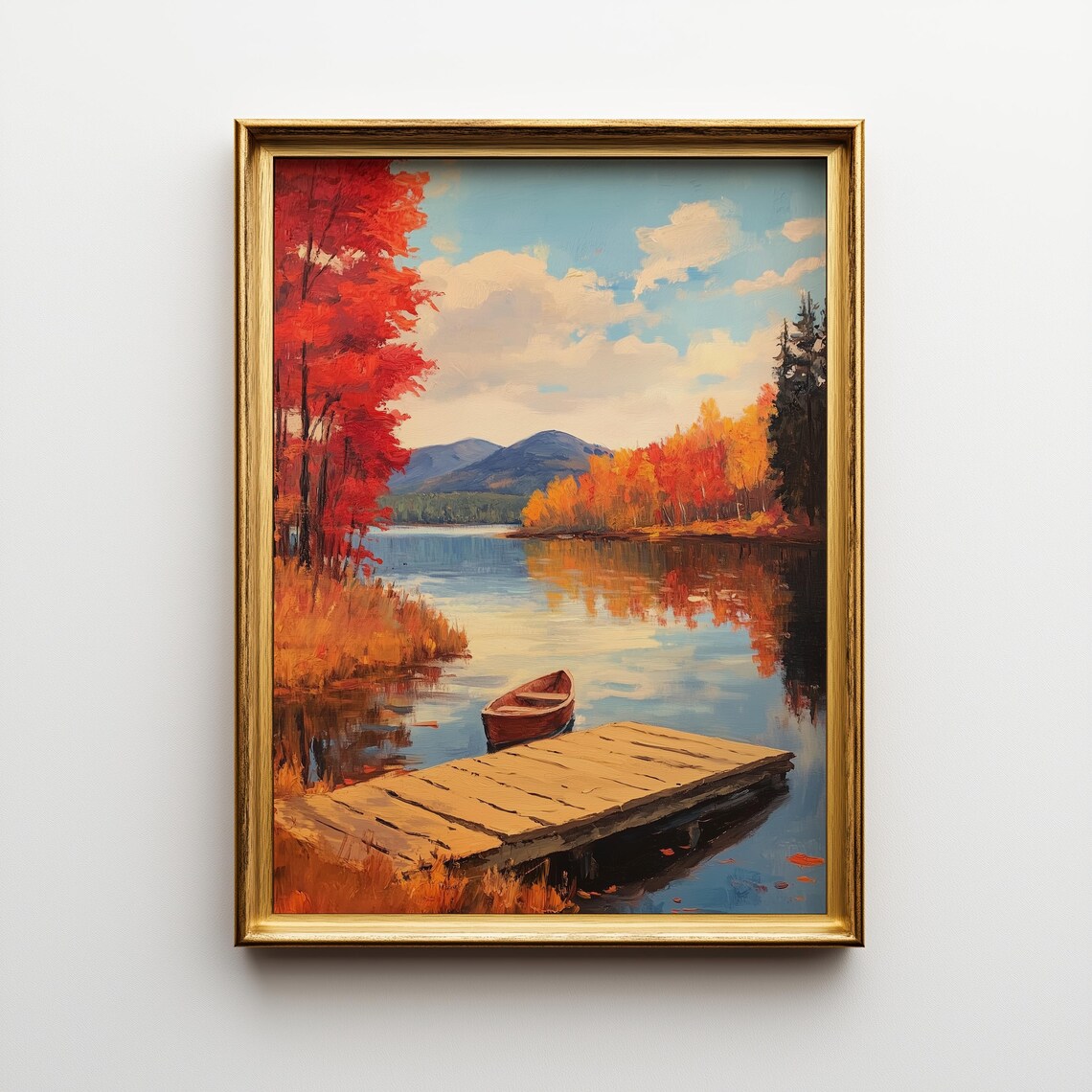 Autumn Lake Landscape Painting, Fiery Red Trees