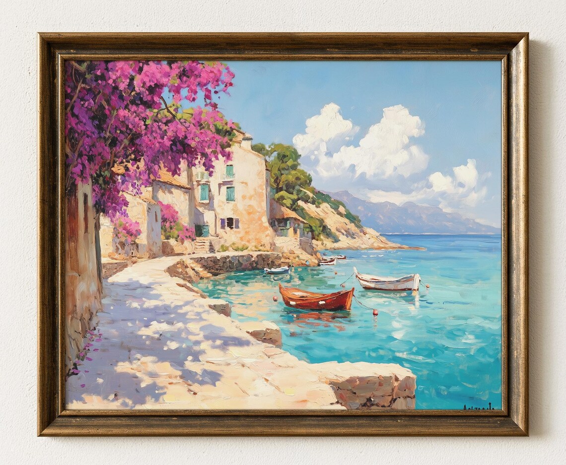 Mediterranean Coastal Village Harbor Boats Seascape Art Poster