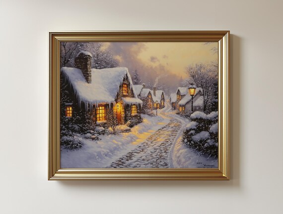 Winter Village Cottage Print Rustic Snowy Landscape Cozy Home Decor 252
