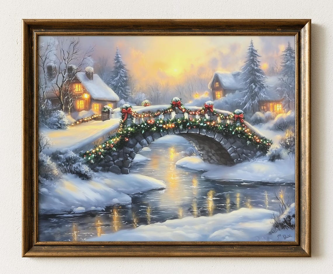 Winter Village Art Print, Snowy Bridge Over Stream