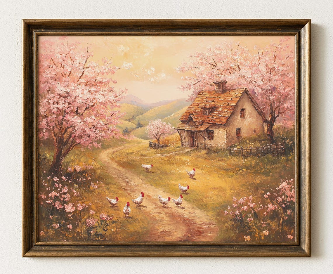 Cherry Blossom Farm Cottage Chickens Country Path Spring Poster