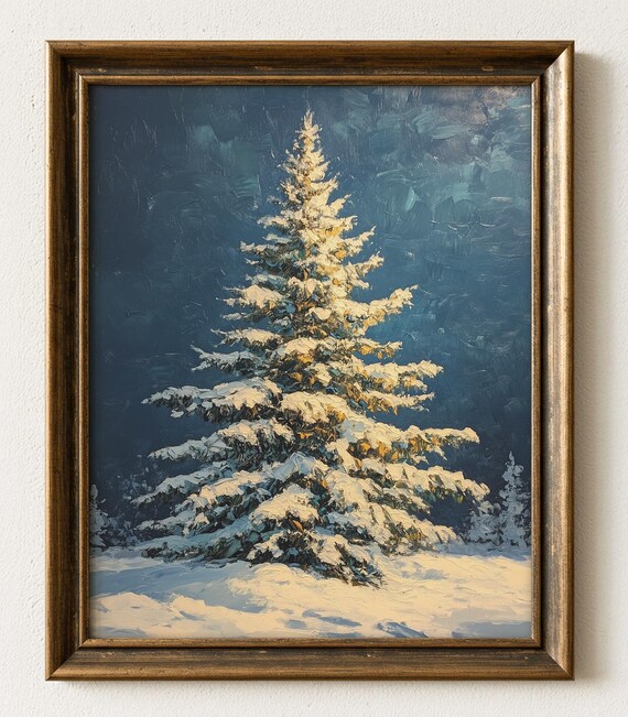 Blue Snowy Fir Tree Dusk Glow Impasto Oil Winter Painting Poster