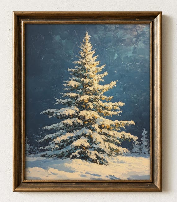 Vintage Snowy Fraser Fir Oil Painting Rustic Christmas Wall Art 885