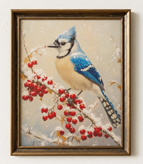 Blue Jay On Snowy Berry Branch Winter Wildlife Bird Painting Poster