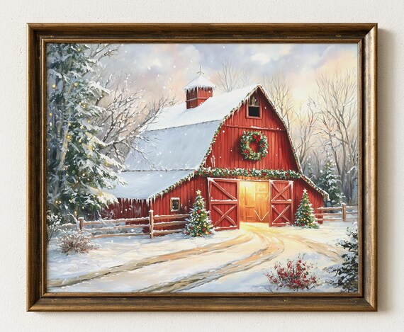 Snowy Red Barn Print Rustic Winter Landscape Farmhouse Christmas Decor 635