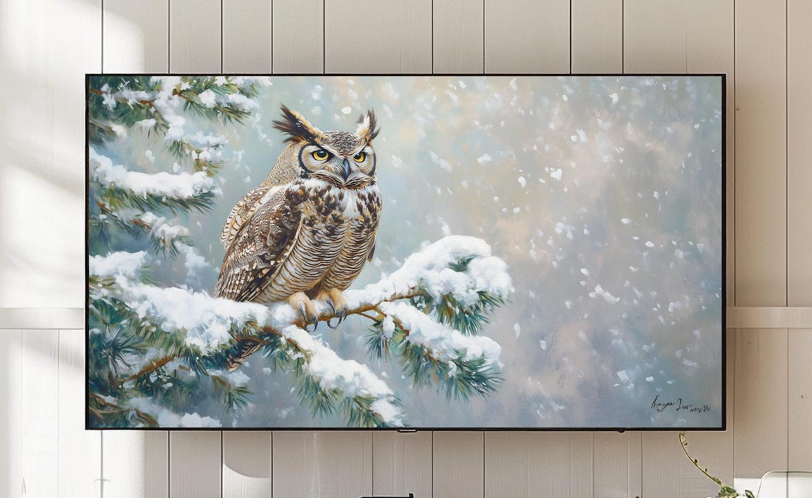 Great Horned Owl on Snowy Pine Branch Majestic Winter Bird Art Poster
