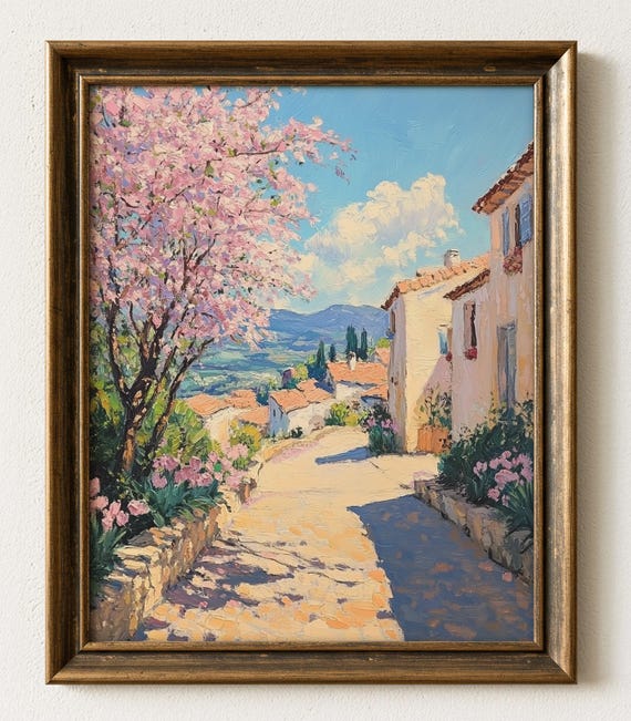 Cherry Blossom Village Painting Spring Landscape Art 976