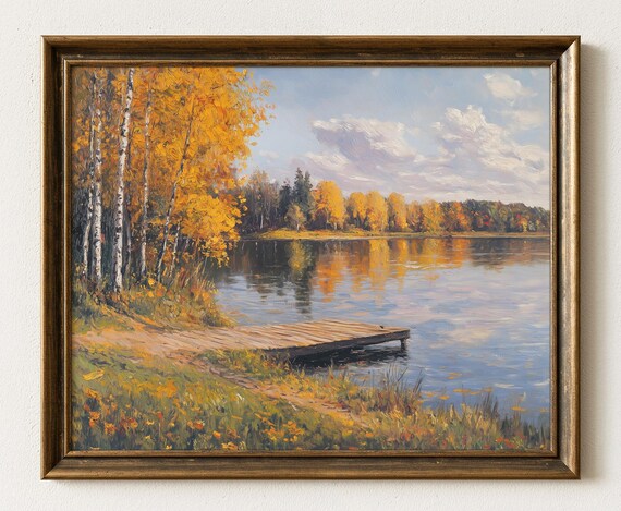 Autumn Lakeside Oil Painting Golden Fall Trees Rustic Landscape 548