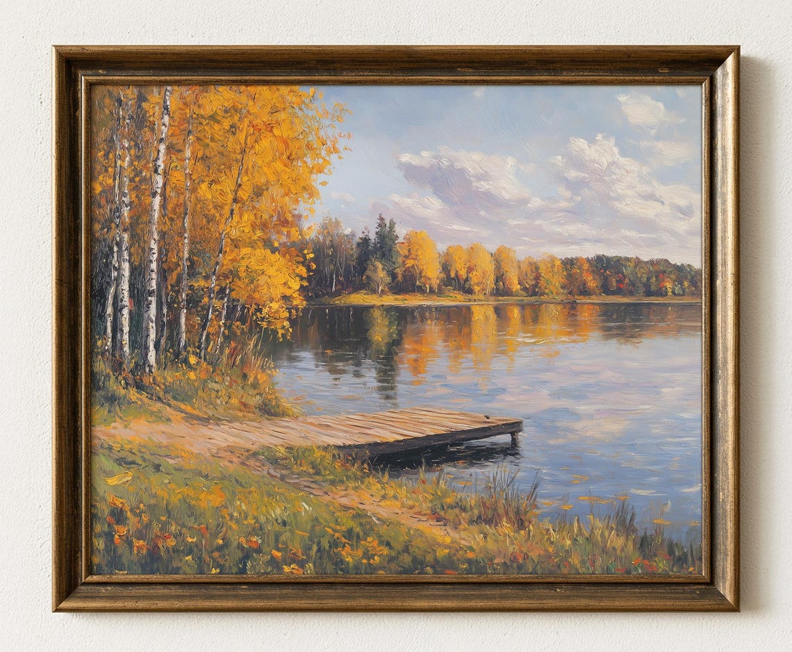Autumn Lake Golden Birch Trees Wooden Dock Reflections Art Poster