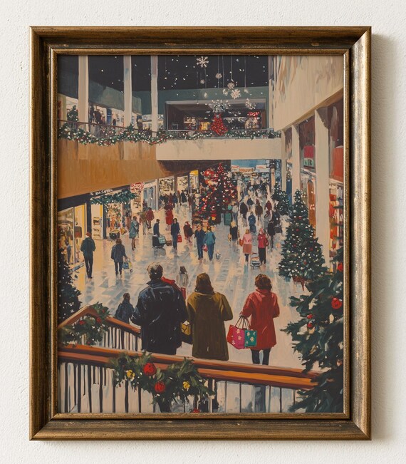 Vintage Christmas Mall Scene Art Print Festive Holiday Shoppers Download920a