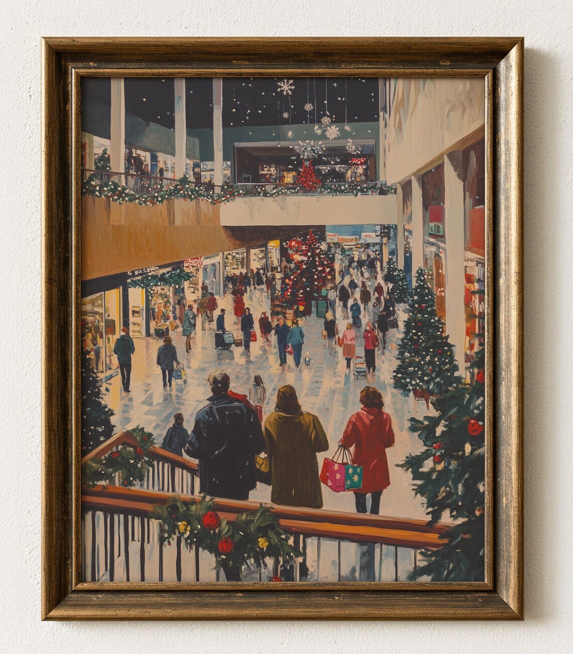 Vintage Christmas Shopping Mall Crowd Holiday Nostalgia Poster