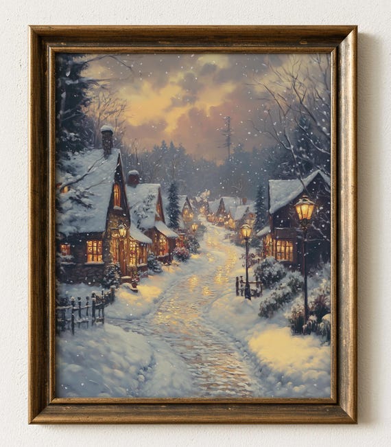 Winter Village Street Painting Rustic Christmas Cottage Art