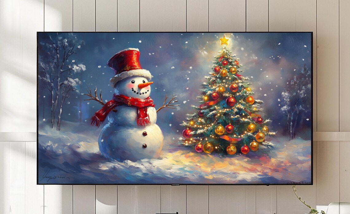 Christmas Snowman Art Print, Festive Winter Tree
