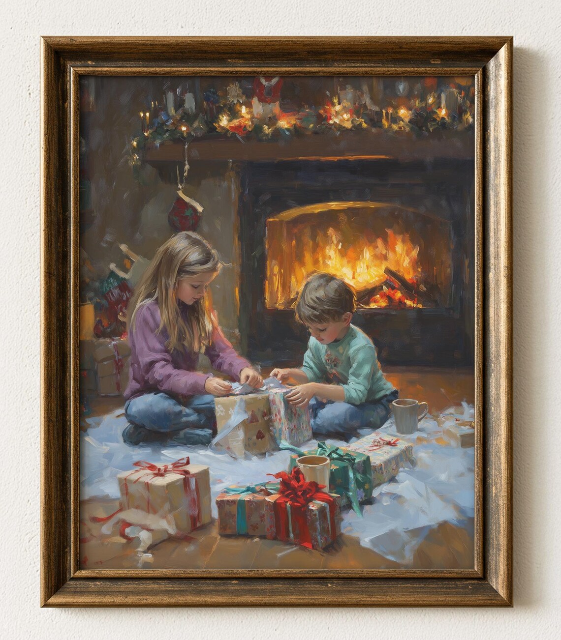 Cozy Christmas Morning Scene, Holiday Art Print