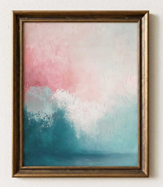 Abstract Landscape Painting Blush Pink Teal Art 941