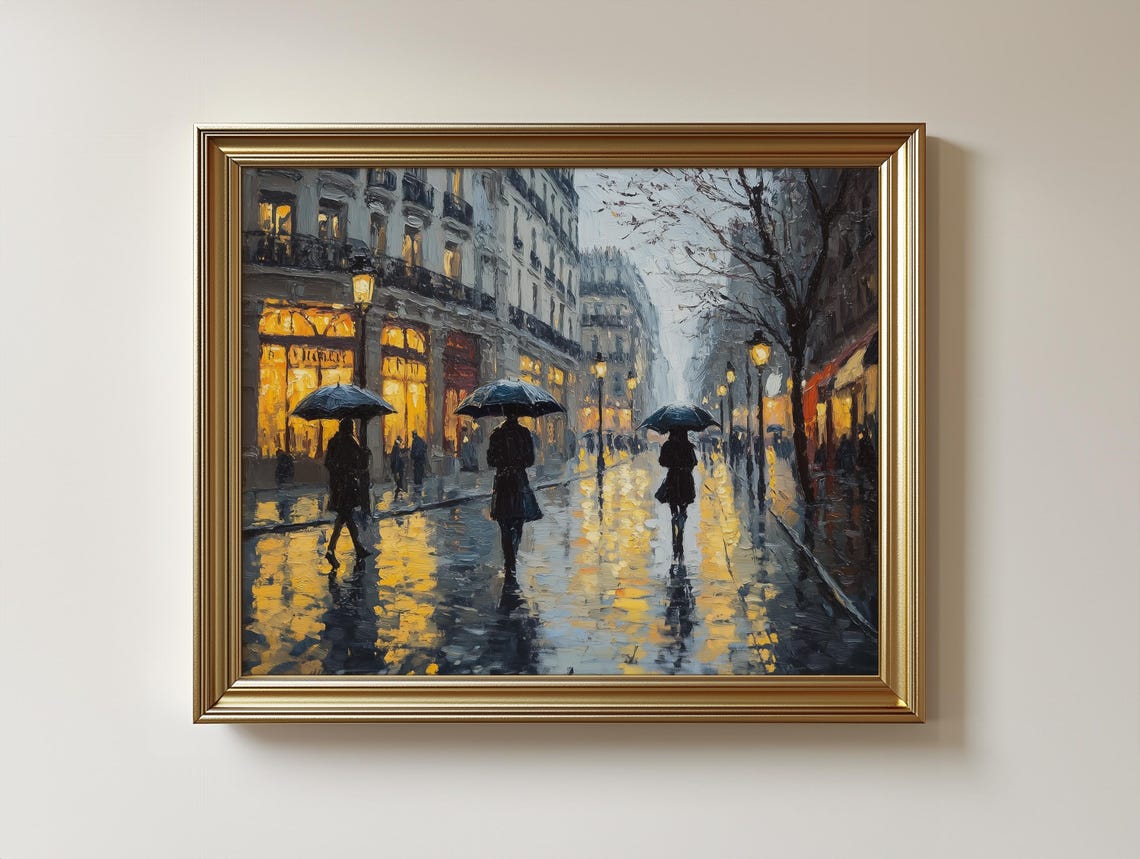 Romantic Rainy Paris Boulevard Umbrellas Night Oil Painting Poster