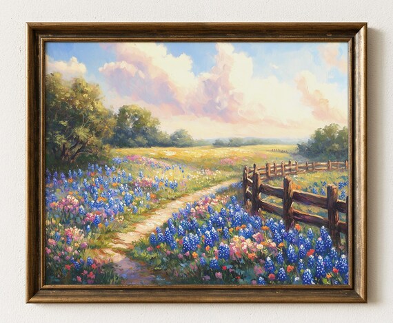 Texas Bluebonnet Prairie Fence Dirt Path Wildflower Art Poster