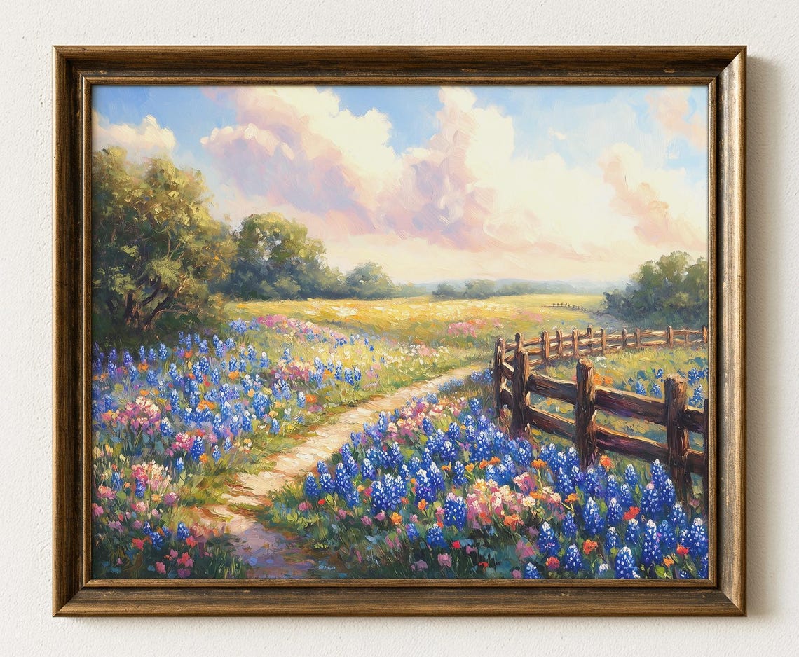 Texas Bluebonnet Prairie Fence Dirt Path Wildflower Art Poster