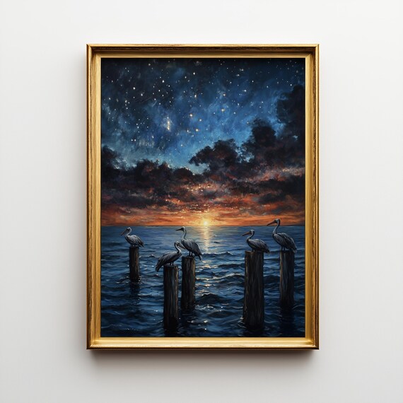 Starry Night Ocean Sunset, Vintage Seaside Art Print