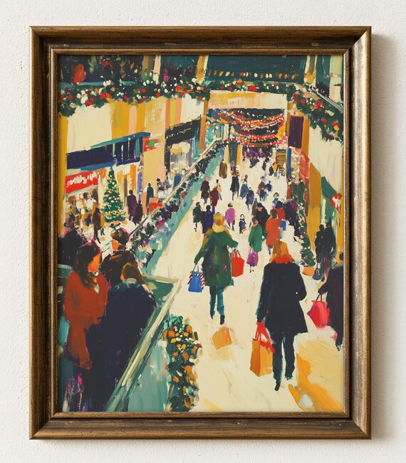 Christmas Shopping Street at Night with Festive Crowd Poster