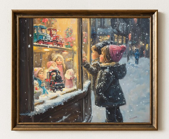 Christmas Toy Shop Window Kids Winter Night Nostalgic Holiday Art Poster