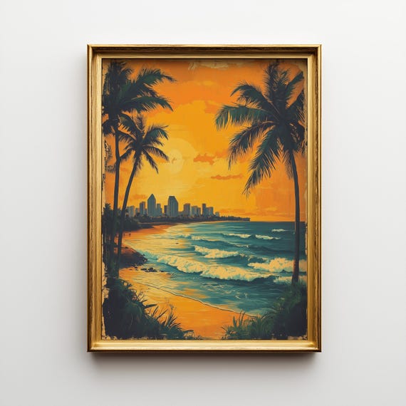 San Diego Sunset Print Vintage Palm Tree Skyline Coastal Wall Art 246