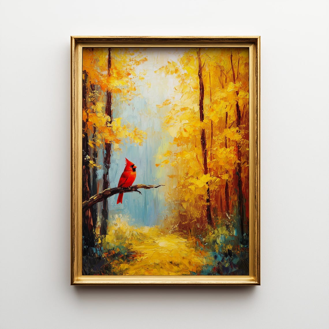 Red Cardinal Autumn Forest Golden Fall Bird Oil Painting Poster