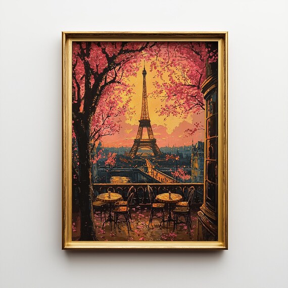 Vintage Paris Eiffel Tower Print Art Deco French Cafe Scene 151