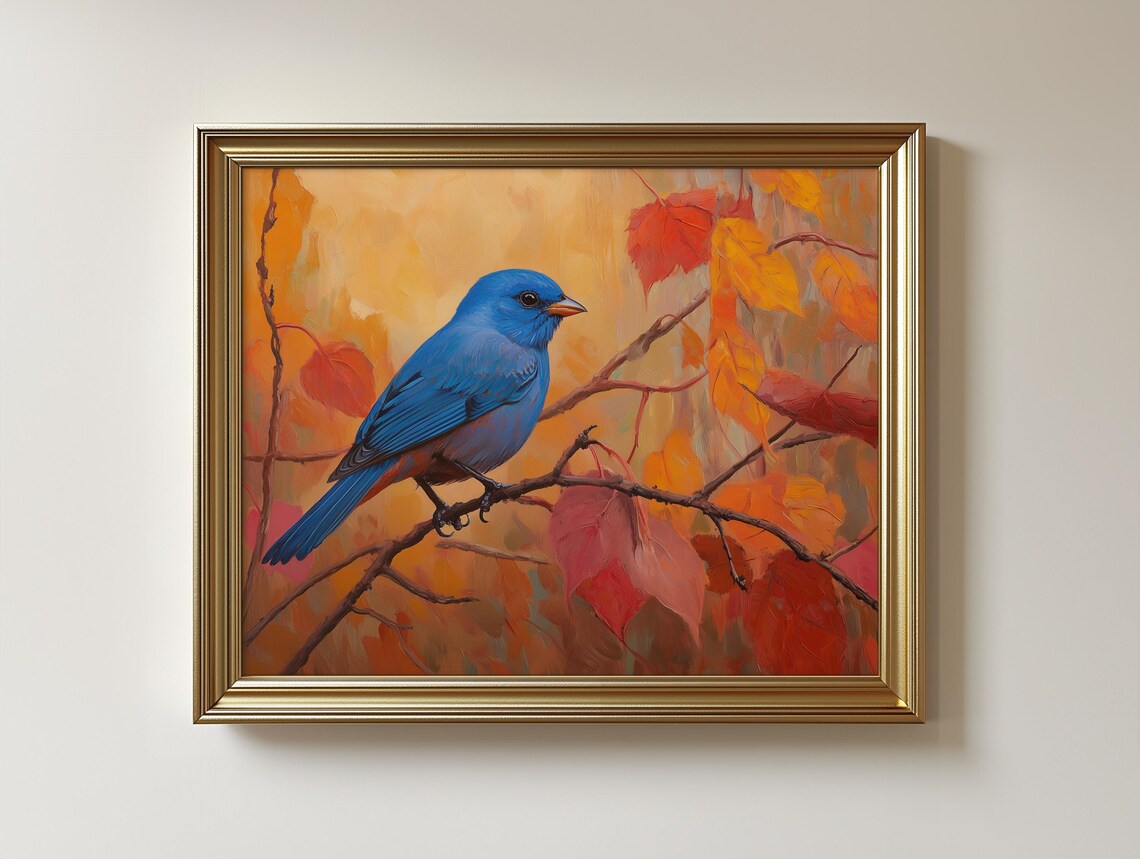 Indigo Bunting Bird Print Rustic Autumn Branch Wildlife Art 318