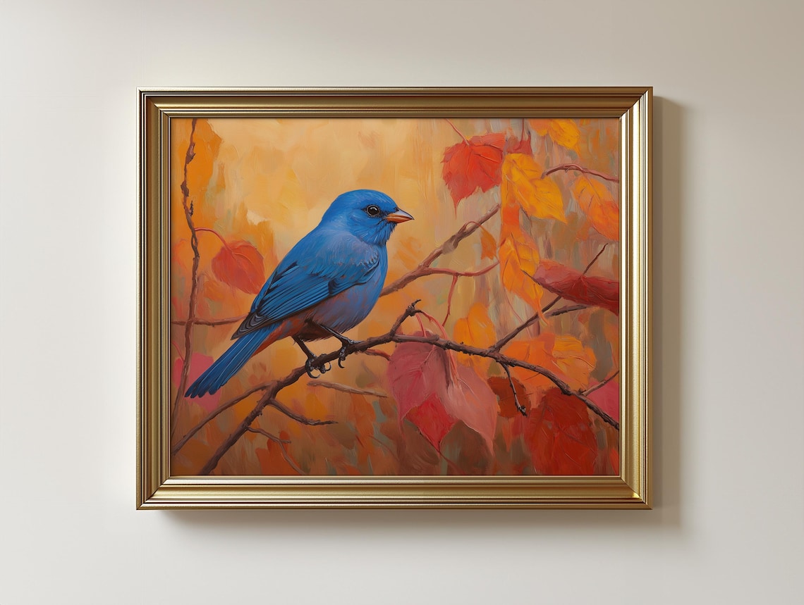 Indigo Bunting Blue Bird Autumn Branch Wildlife Painting Nature Art Print